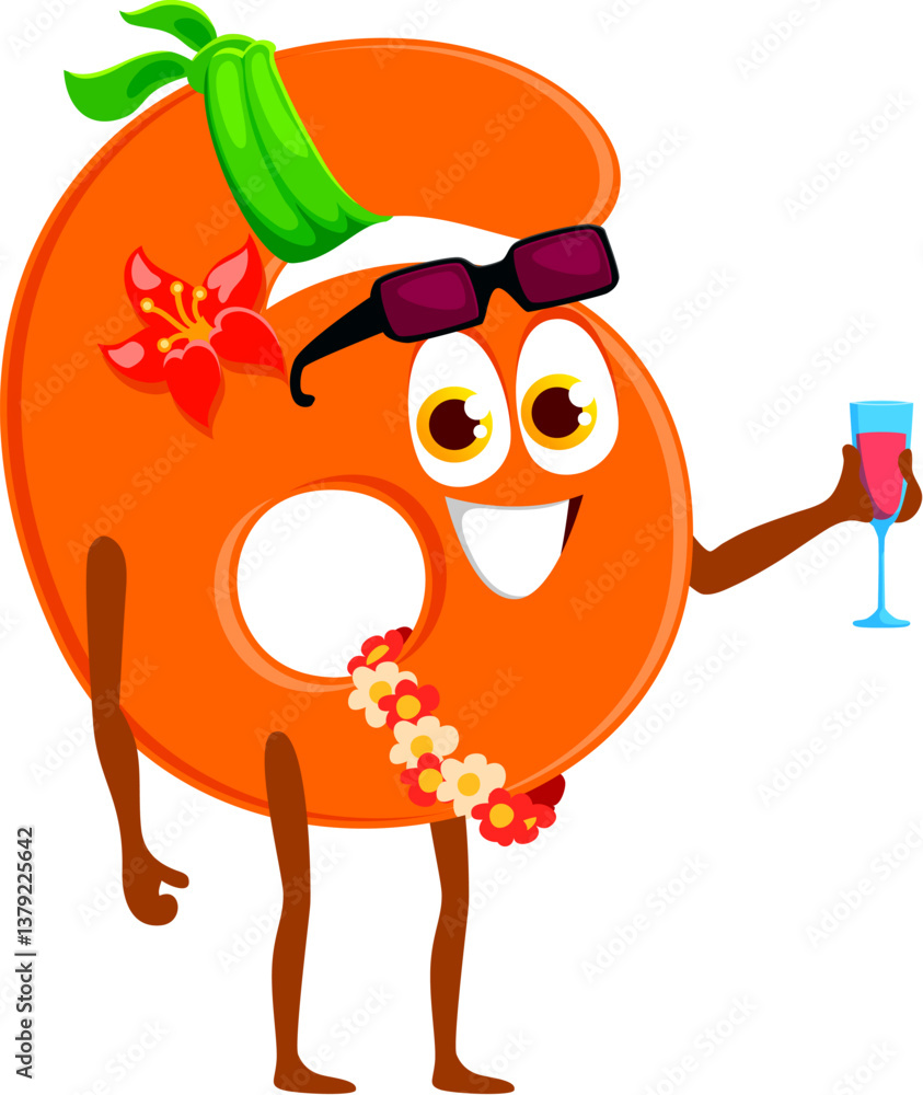 Poster cartoon math number and digit six character on summer vacation. isolated vector cheerful 6 numeric p