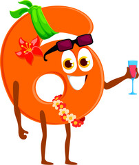 Cartoon math number and digit six character on summer vacation. Isolated vector cheerful 6 numeric personage enjoys holiday, sipping a cocktail on sandy beach with a cheerful demeanor and sunglasses