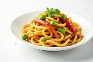Stir-fried noodles with vegetables, white backdrop, shot, oil, cuisine