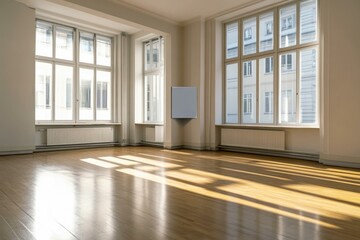  Spacious sunlit interior with large windows and wooden flooring, perfect for modern real estate listings.