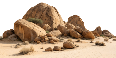 Natural rock formations surrounded by sand in a desert landscape