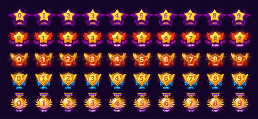Level up badges and win icons for game interface assets, vector GUI elements. Next level up badges with numbers for gamer award, golden medals and stars with wings or ribbons in laurel wreath badge © Vector Tradition