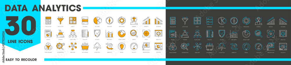 Poster Data analytics and analysis line icons with charts and diagrams, vector symbols set. Data analysis icons for business research, digital market analysis on performance or optimization report pictograms