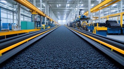 Fototapeta premium Industrial Production Facility with Black Granules on Conveyor Belt and Modern Machinery in Background