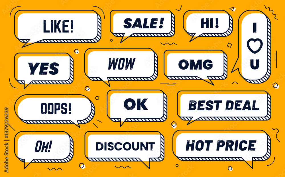 Aufkleber memphis speech bubbles and message clouds with expressions, vector thin line icons. chat message bub