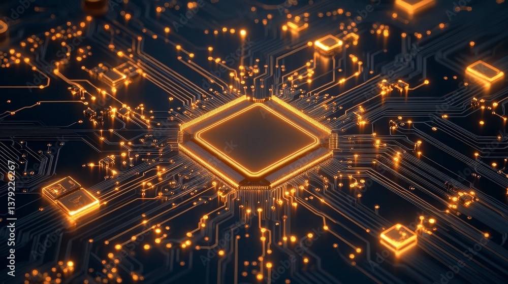 Poster close-up view of a circuit board with intricate gold and silver connections and a central processor.