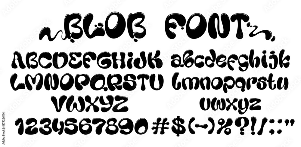 Poster Funky wavy type, liquid bubble font, groovy letters typeface, y2k english alphabet. Abstract black ink blobs font abc letters and numbers vector typography set. Retro liquid bubble typeface alphabet