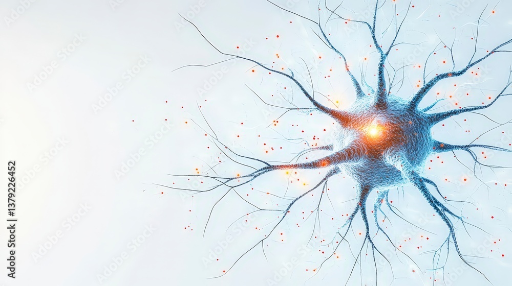Poster abstract representation of a neuron with branching dendrites and a glowing center on a light backgro