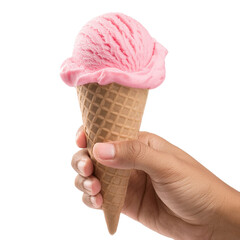 a hand holding a pink ice cream cone, creating a sense of delight and anticipation. The vibrant color of the ice cream pops against the background, creating a visually appealing treat.