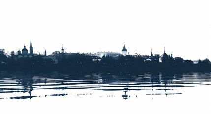 Fototapeta premium Serene Saratov cityscape reflected in calm river waters with historic architecture silhouette