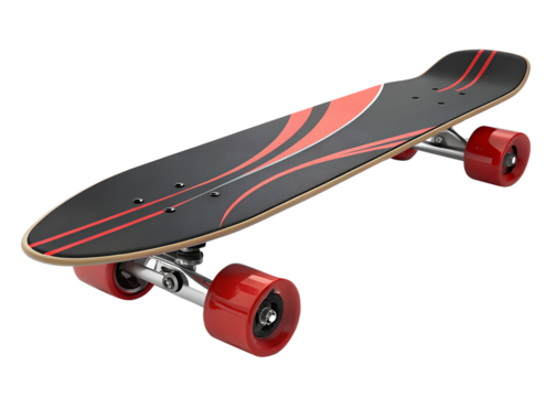 Skateboard with black and red design on a transparent background