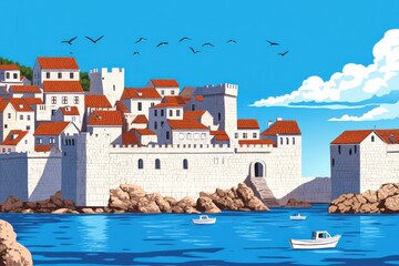 Croatian coastal city with red roofed houses and medieval walls under bright blue sky