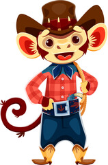 Cartoon ape wild west animal cowboy and sheriff, ranger and bandit character dressed in cowboy hat, blue bandana, vest and belt with holsters. Vector western funny monkey personage with confident pose