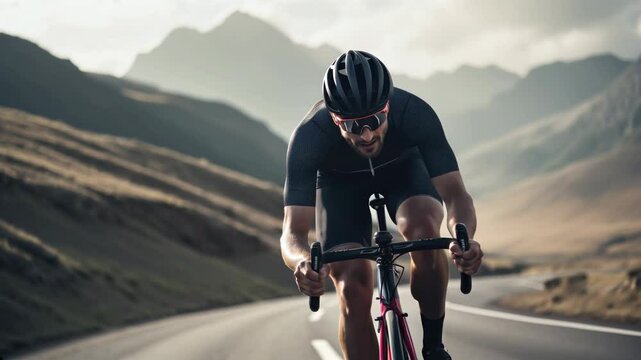 Dynamic low-angle shot of a cyclist racing on a mountain road, capturing speed and intensity, perfect for a sports video concept.