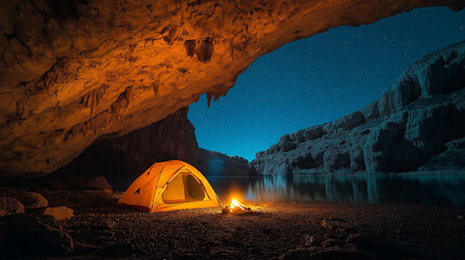 Hidden cave camping : A tent set up inside a massive cave opening, bonfire illuminating ancient cave paintings, a soft glow from the outside revealing a starry sky beyond