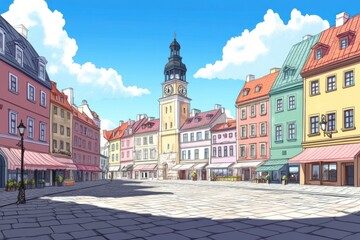 Obraz premium Famous Polish market square featuring colorful historic buildings and a central clock tower