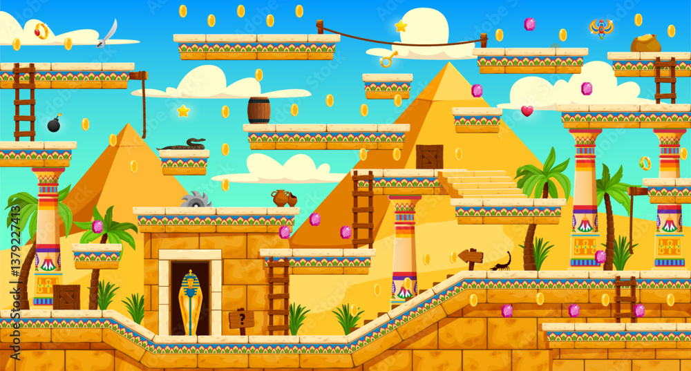 Poster 2d arcade game with egyptian pyramids and level map, vector interface. ancient egypt game platforms 
