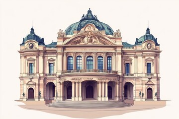 Obraz premium Detailed hand drawn design of a grand Austrian opera house against a subtle evening backdrop