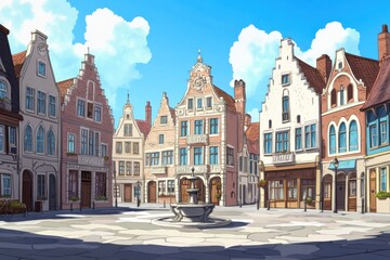 Obraz premium Vibrant medieval city square in Belgium with ornate guild houses and central fountain