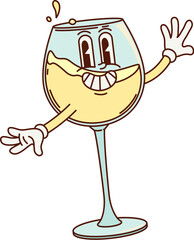 Cartoon groovy wineglass character with funny face and smile, vector comic personage. Groovy white wine glass with happy booze smile and cheers splashes for kitchen glassware retro cartoon character