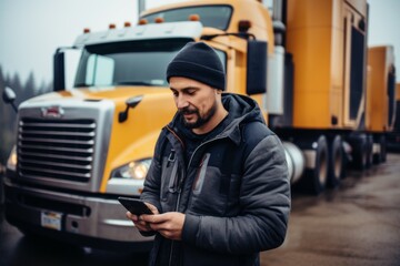Portrait of a Truck driver standing next to truck and using his phone