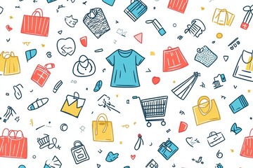 Colorful seamless pattern of fashion icons including shirts, dresses, shopping carts and accessories designed for stylish backgrounds