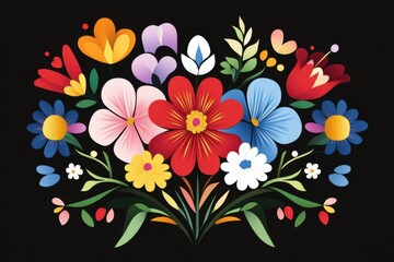 Colorful Polish folk art Wycinanki design featuring intricate floral motifs on a black background