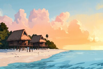 Fototapeta premium Tropical island beach with thatched roof huts under a vibrant sunset sky
