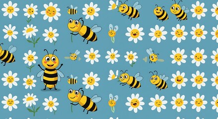 Happy Bees And Daisies Delightful Cartoon Pattern AI Generated
