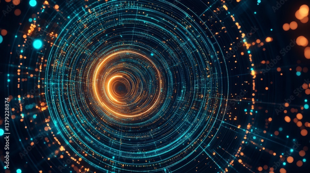 Poster abstract spiral pattern with glowing lights and lines, creating a futuristic digital effect.