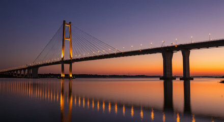 Suspension bridge illuminated at dusk