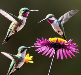 Fototapeta premium A hummingbird flies by a bright flower, its feathers catching the sunlight in a brilliant dance of colors. Generated AI