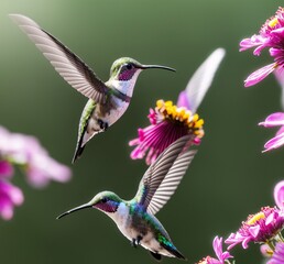 Fototapeta premium A hummingbird flies by a bright flower, its feathers catching the sunlight in a brilliant dance of colors. Generated AI