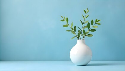 A still life photograph features a white vase holding delicate green sprigs, set against a textured blue background with soft, diffused lighting