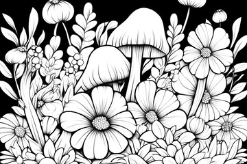 Flowers, Mushrooms Coloring Page for Adults