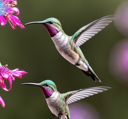 Fototapeta premium A hummingbird flies by a bright flower, its feathers catching the sunlight in a brilliant dance of colors. Generated AI