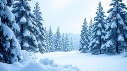 Fototapeta premium Snow-covered pine forest with tall trees in a serene winter landscape scene.
