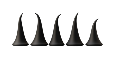 Set of five black decorative horns in varying heights demonstrating unique shapes and elegant design for creative projects or artistic displays