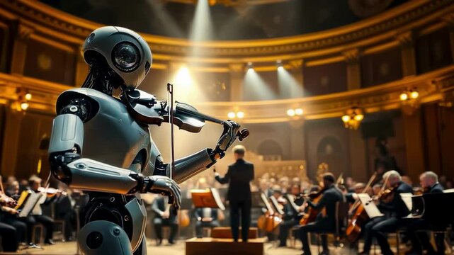 On stage, a futuristic robot plays the violin and performs a solo part in front of a symphony orchestra with a conductor in a richly decorated chamber hall
