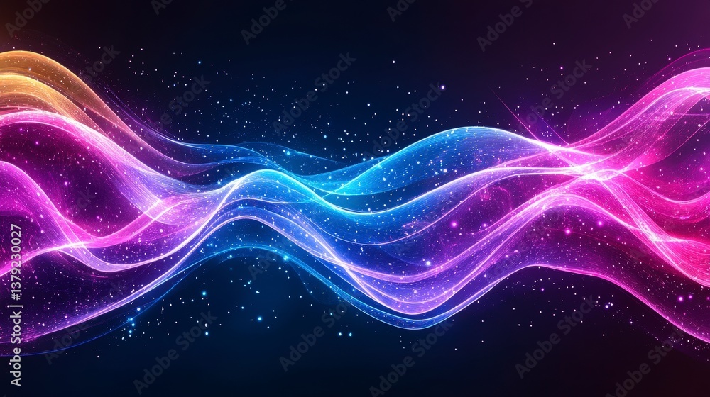 Poster vibrant abstract waves with sparkling particles create a dynamic and colorful visual effect.