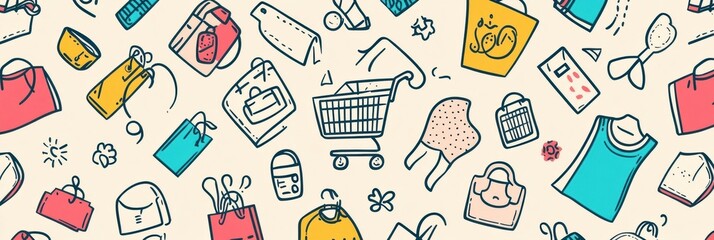 Colorful vector pattern featuring outlined icons of clothing, shopping carts, and accessories in a seamless design for fashion enthusiasts