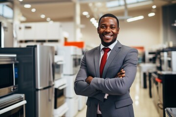 Fototapeta premium Portrait of happy African American salesman standing in appliance showroom