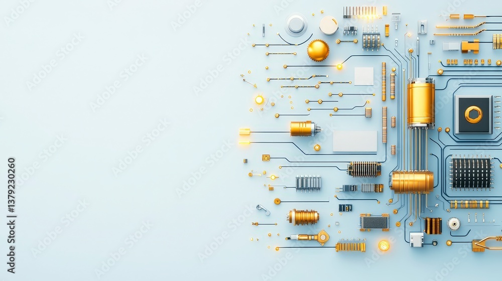 Poster abstract circuit board design with metallic components on a light background.