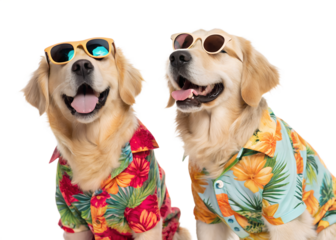 Happy golden retrievers enjoying summer in stylish shirts