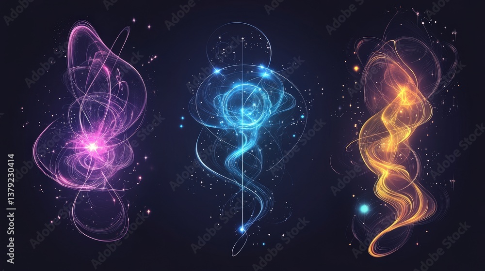 Poster abstract light trails in three colors, creating a dynamic and energetic visual effect against a dark