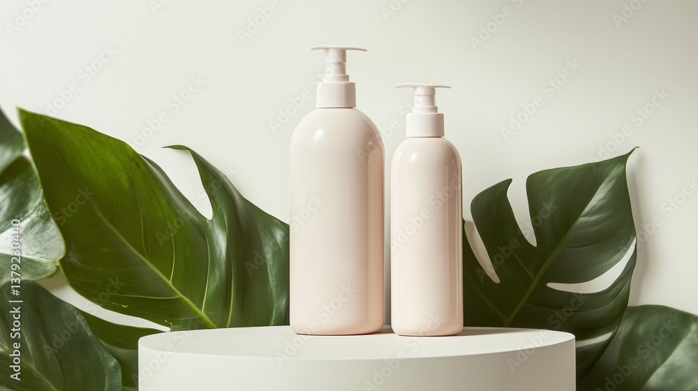 Poster elegant display of two cream-colored bottles on a minimalistic pedestal with lush green leaves in a 