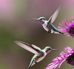 A hummingbird flies by a bright flower, its feathers catching the sunlight in a brilliant dance of colors. Generated AI