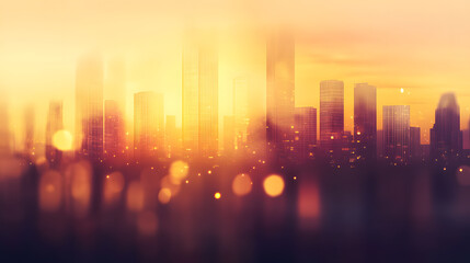 Blurred City Skyline at Sunset with Warm Golden Tones and Silhouetted High-Rises
