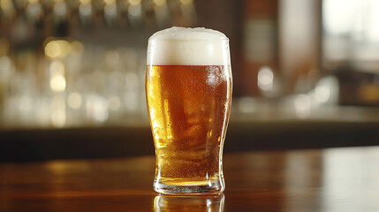 Golden beer with frothy foam in a glass sits on a wooden surface bar backdrop slightly blurred.