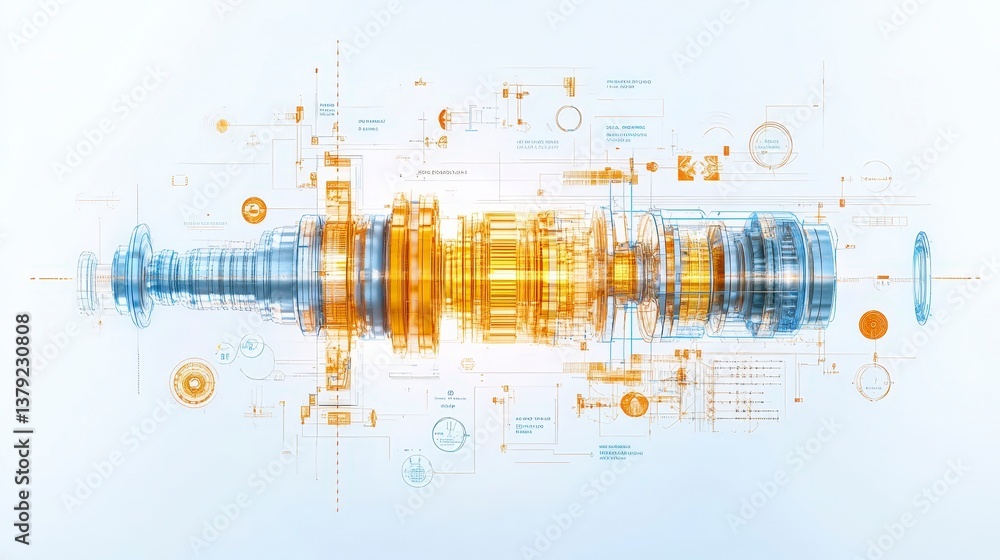 Poster futuristic engine blueprint with technical details and annotations in vibrant colors on a light back